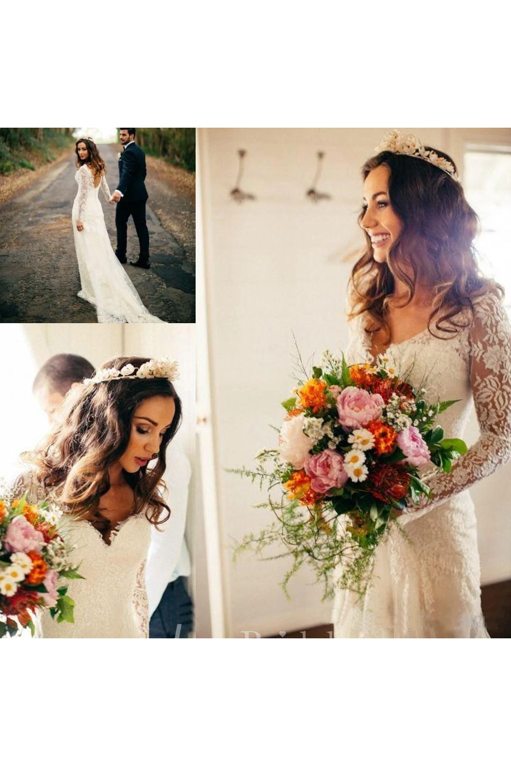 Romantic Bohemian Long Sleeves Sexy Deep V Neck Backless Lace Wedding Dress