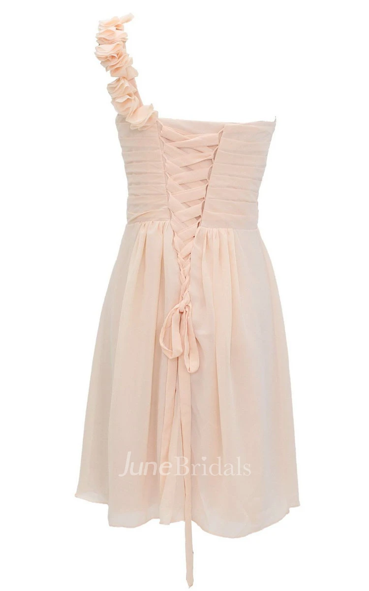 Floral One-shoulder Pleated Short Dress With Lace-up Back