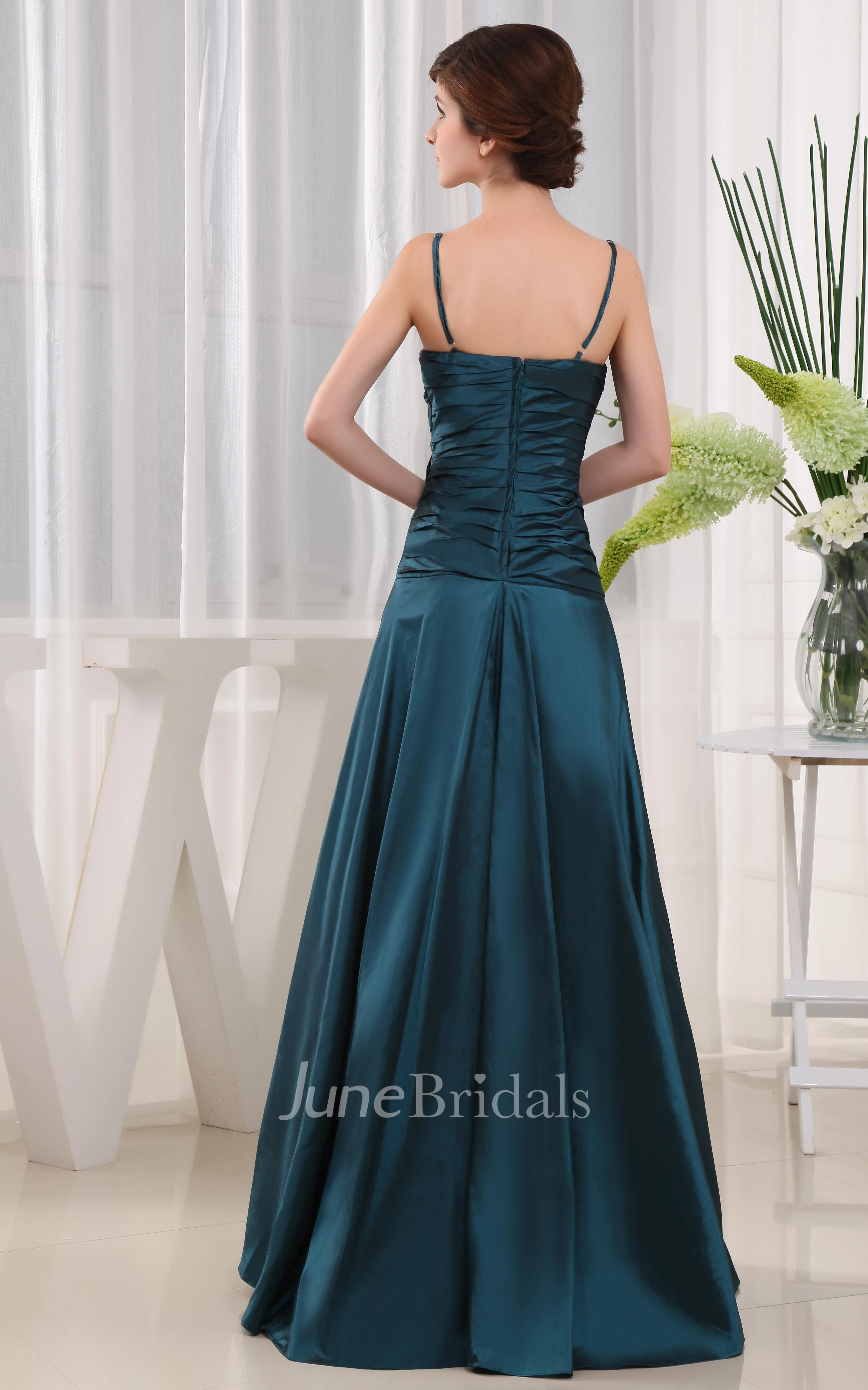 Spaghetti-Strap Floor-Length Dress With Beading and Side Ruching