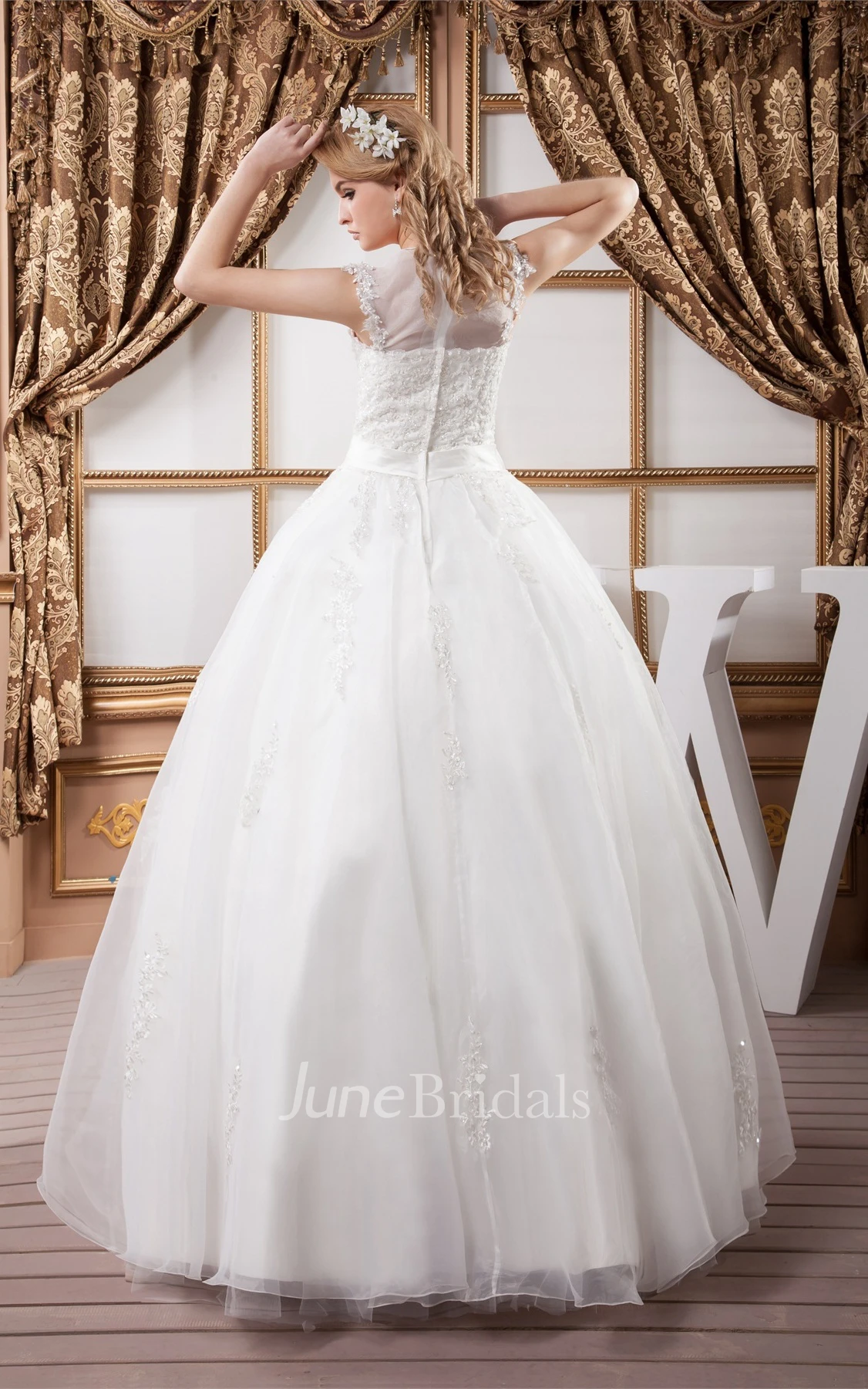 Sleeveless Tulle Ball Gown with Appliques and Illusion Neckline