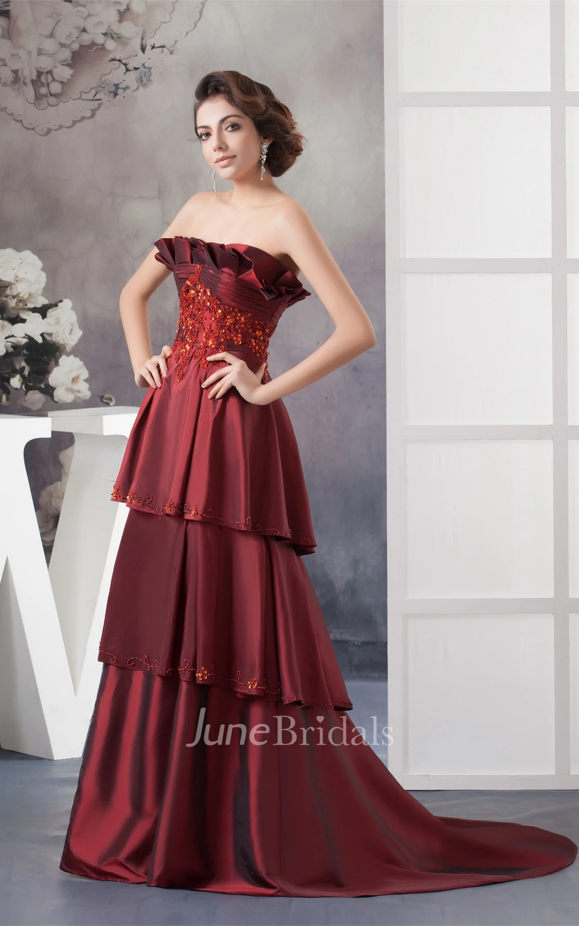 Strapless Tiered A-Line Gown with Beading and Appliques