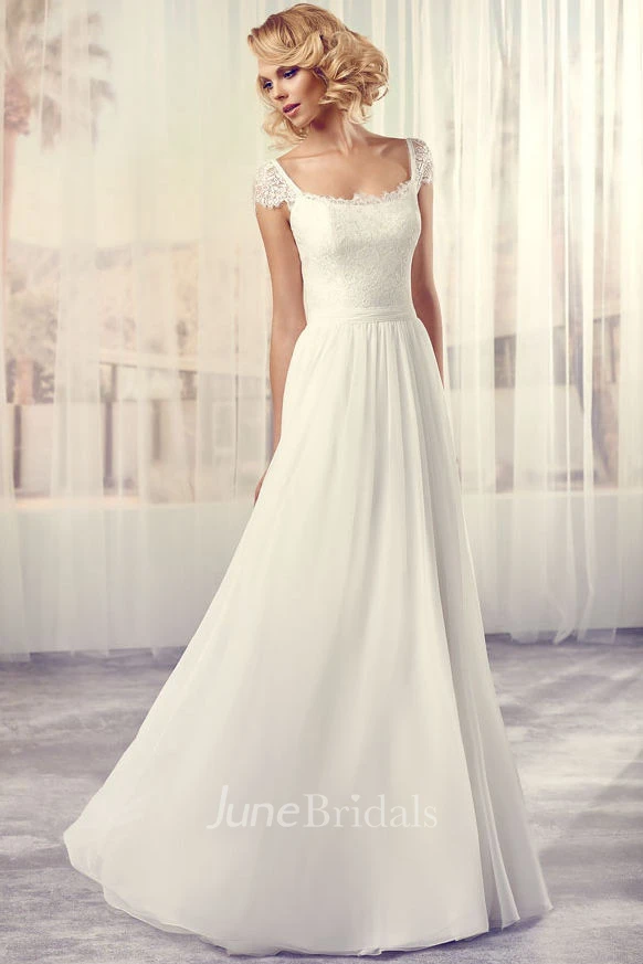 Long Square Cap-Sleeve Lace Chiffon Wedding Dress With V Back