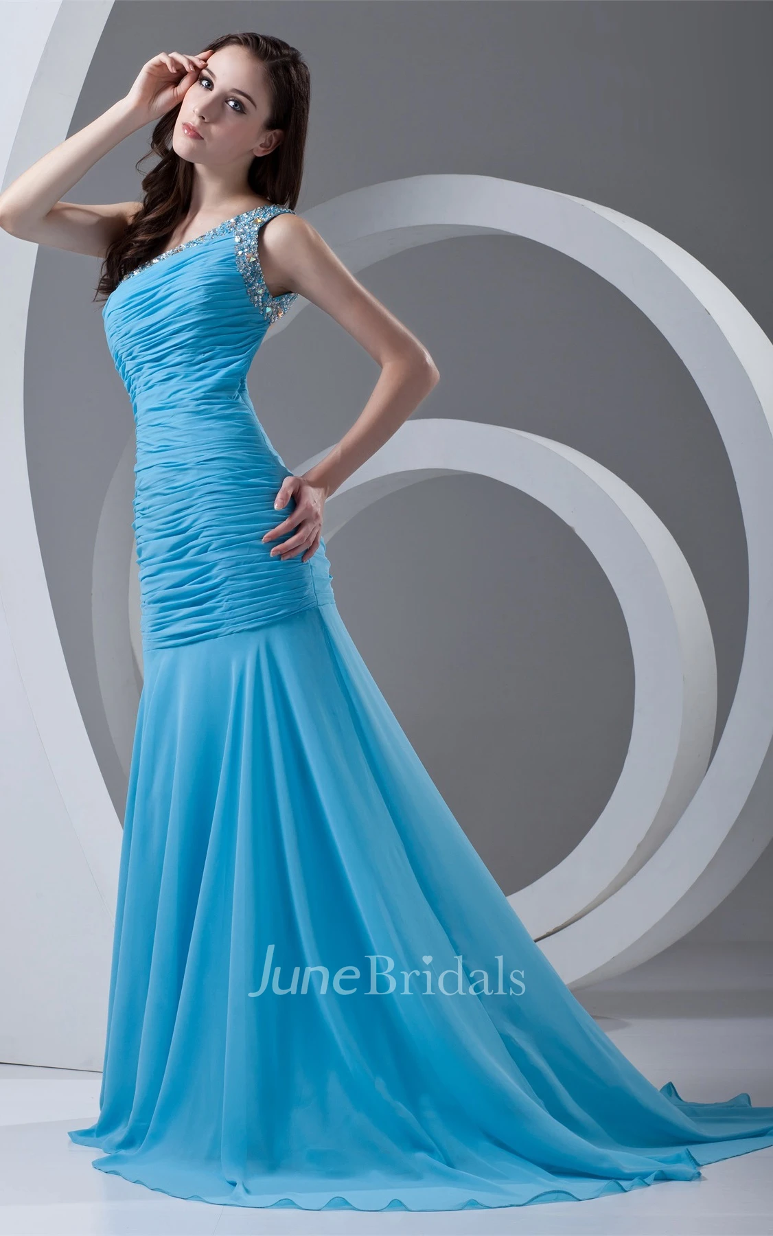 One-Shoulder Column Beaded Dress with Ruched Bodice