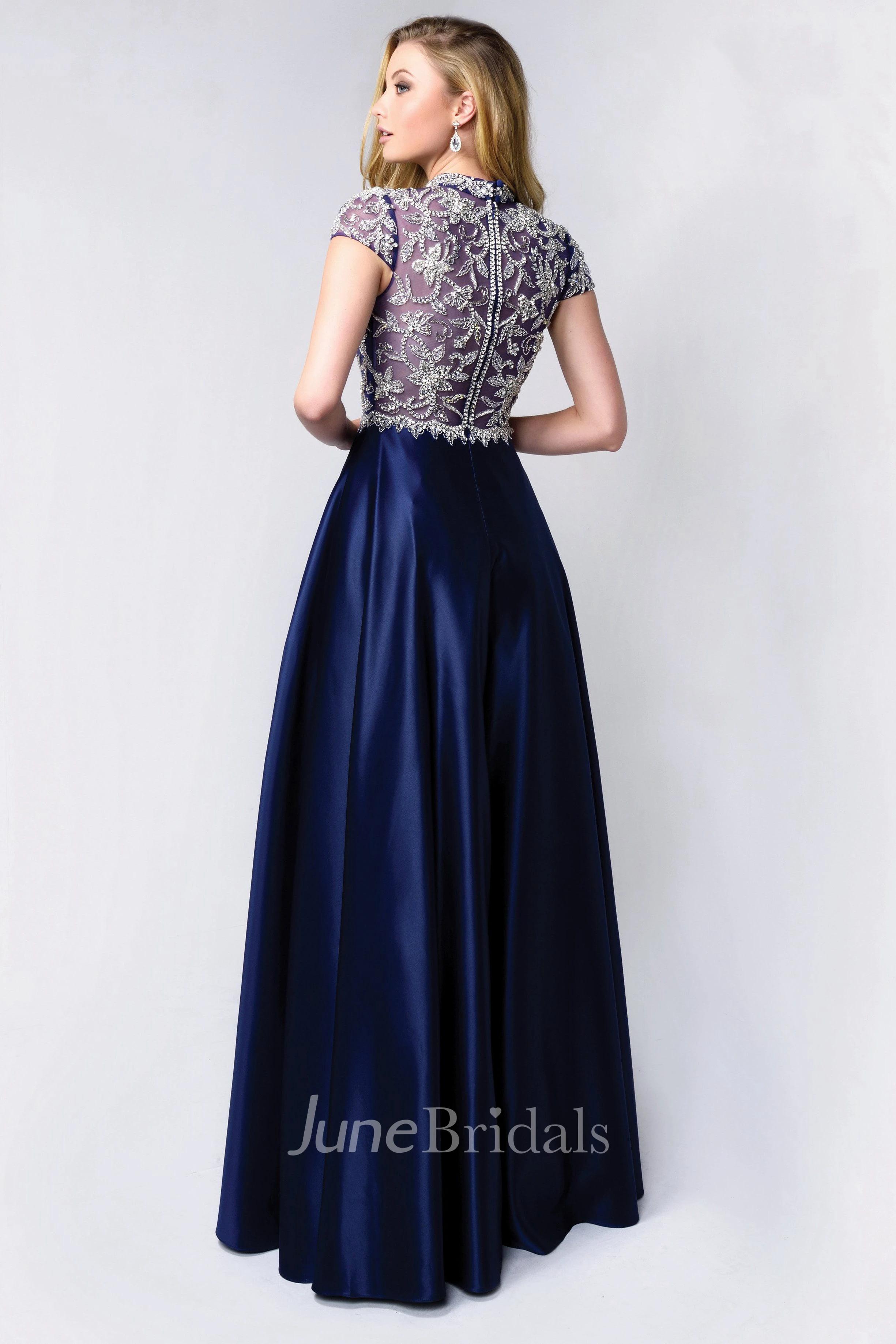 High Neck Short Sleeve A-line Satin Prom Dress With Beaded top