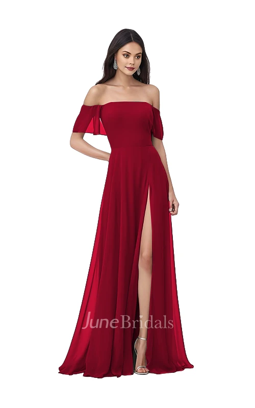 Bohemian A-Line Off-the-shoulder Chiffon Bridesmaid Dress with Split Front