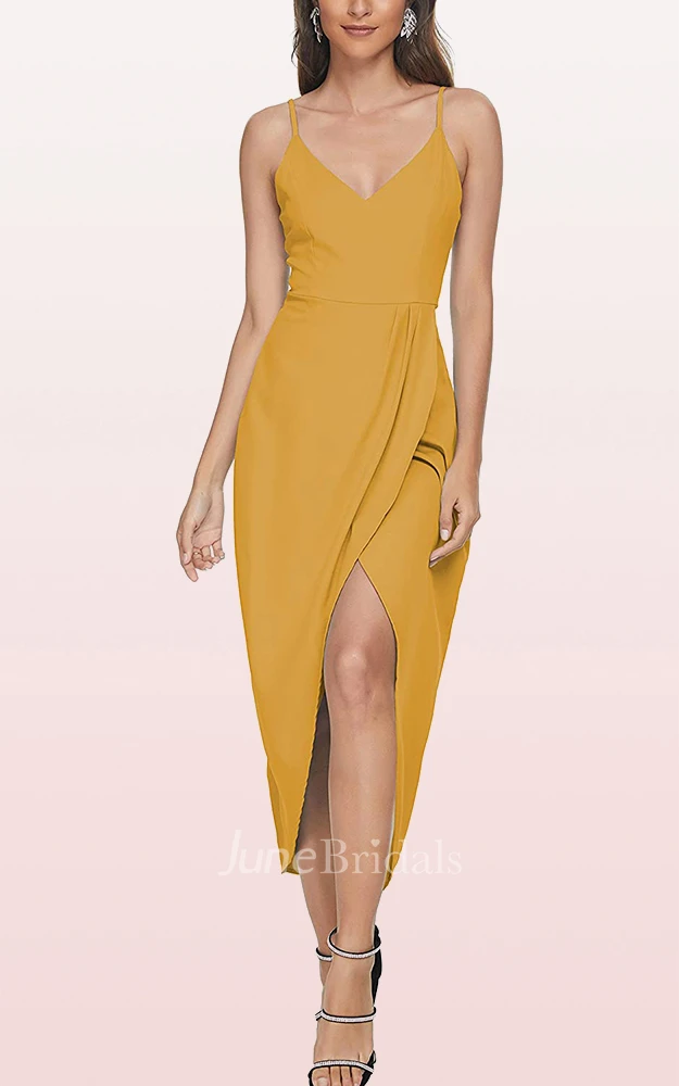 Bodycon V-neck Chiffon Cocktail Dress With Draping and Split Front