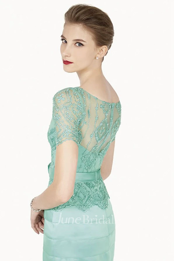 Bateau Short Sleeve tiered Dress With Beading And Illusion 