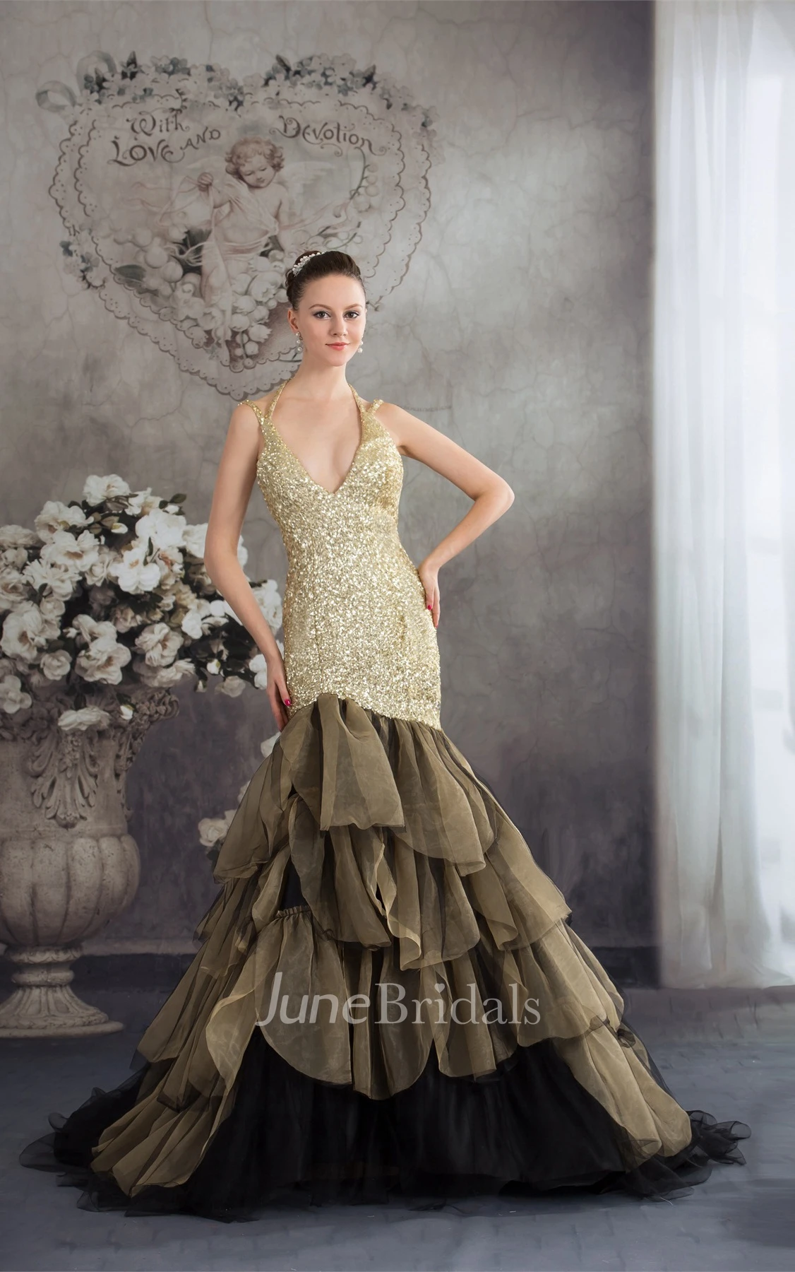 Plunged Tiered Trumpet Gown with Tiers and Sequined Bodice