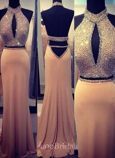 Stunning Backless Long Evening Dresses Halter Chiffon Beading Prom Gown