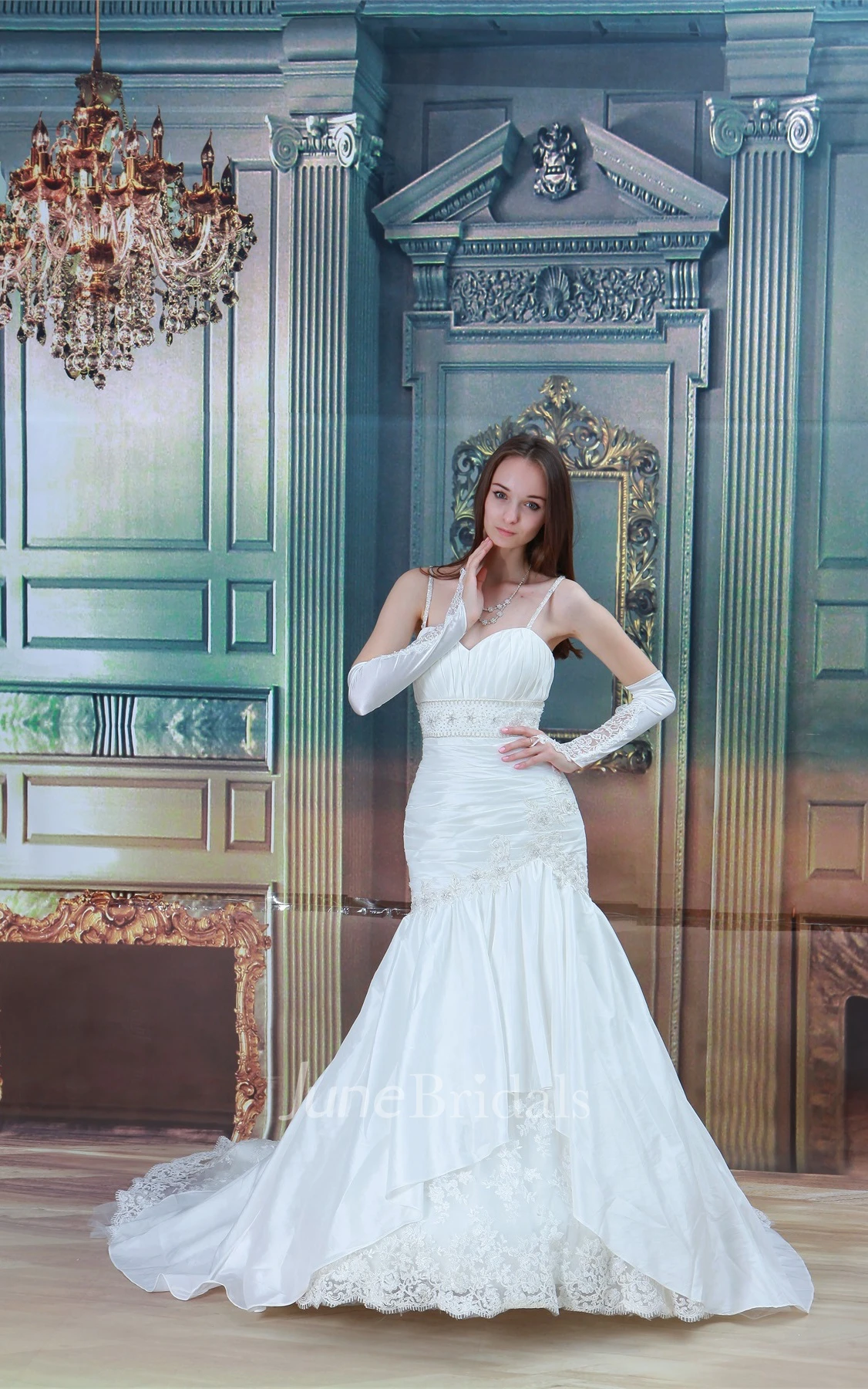 Spaghetti-Strap Mermaid A-Line Gown with Lace and Stress