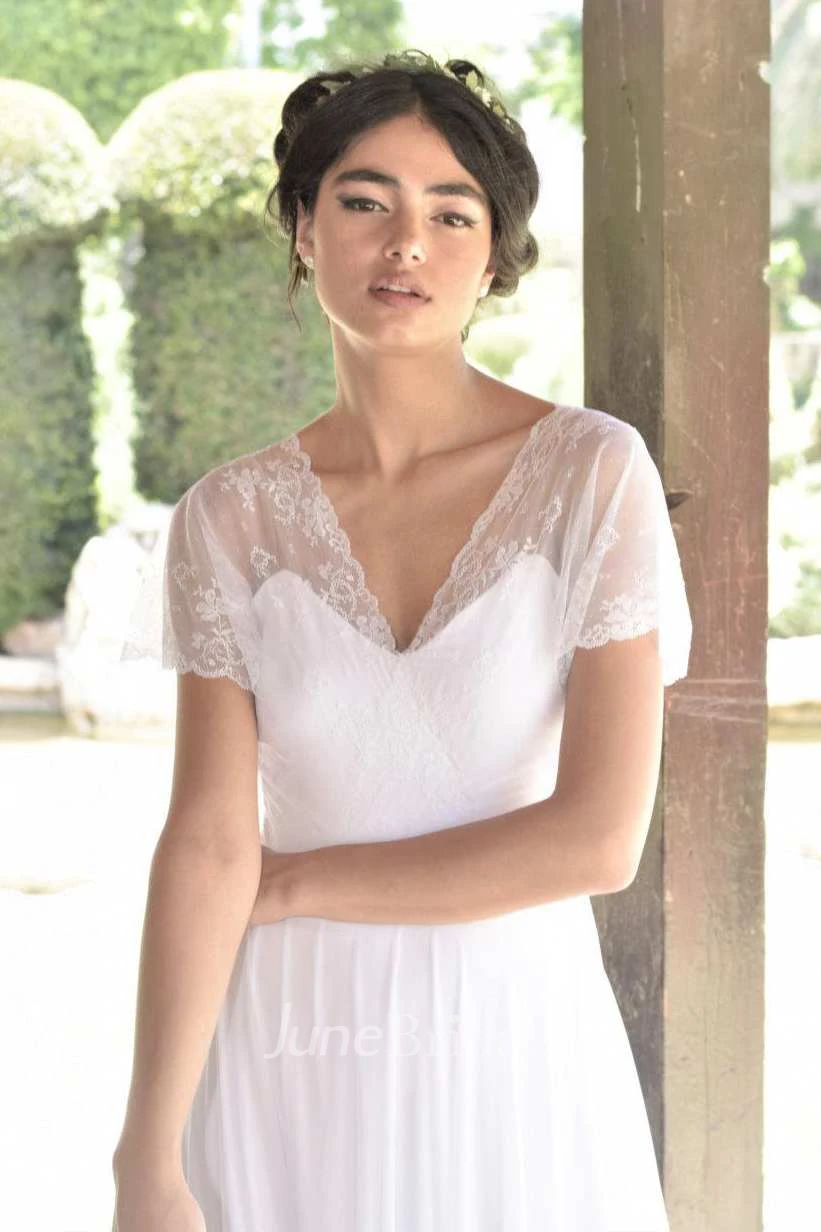 Short Sleeve Lace Chiffon Pleated Wedding Dress With Deep-V Back