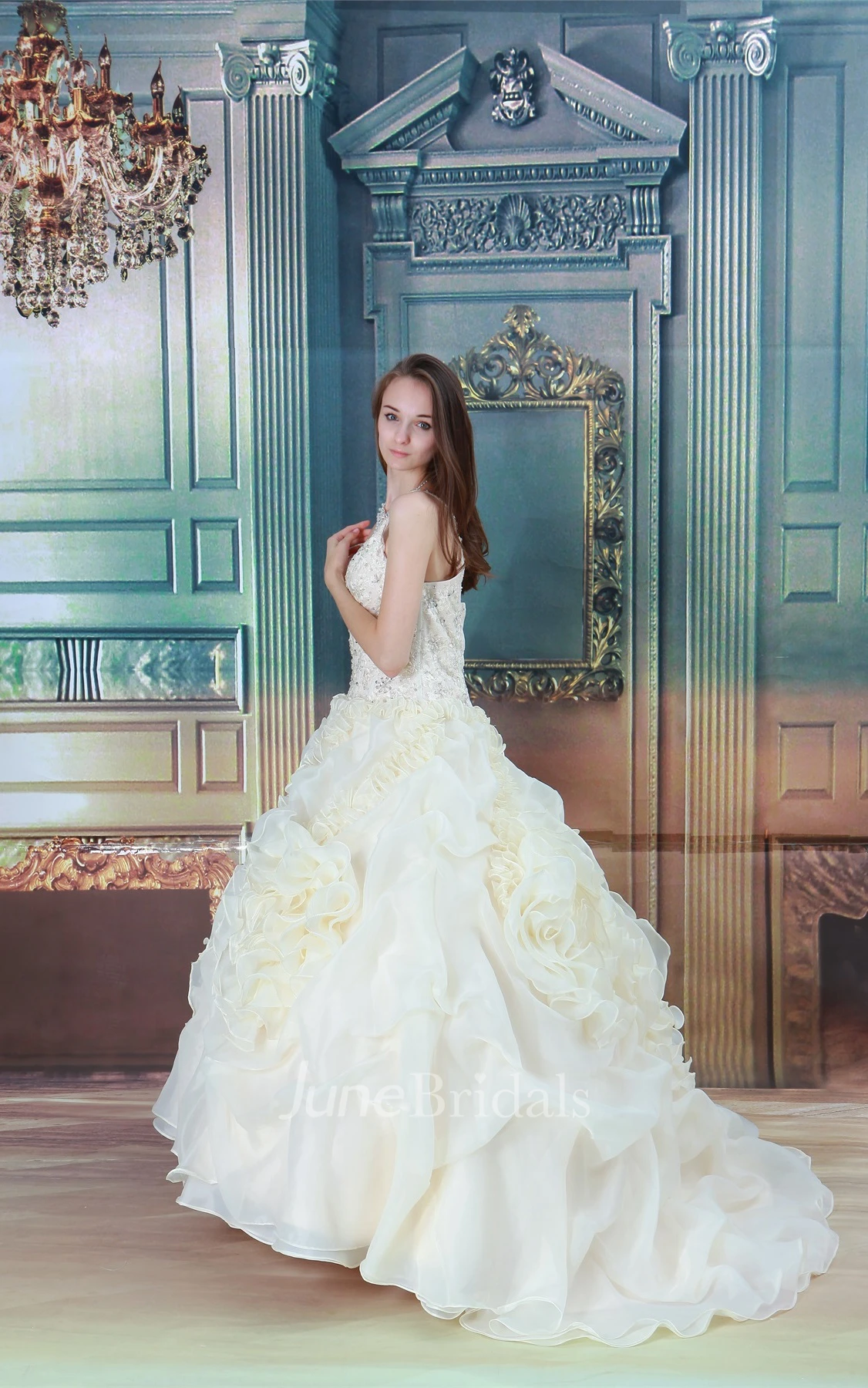 spaghetti-strap ruffled plunged gown with crystal detailing