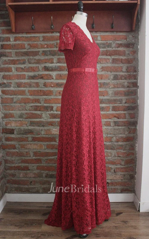V Neck Lace Sneath Long Dress With Short Sleeves