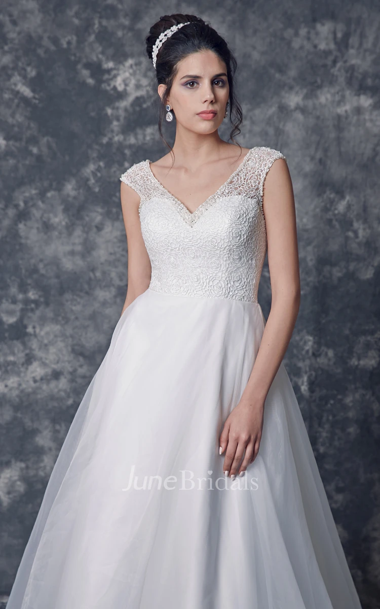 Gorgeous Short Sleeve Low V Neck Organza Ball Gown With Long Train