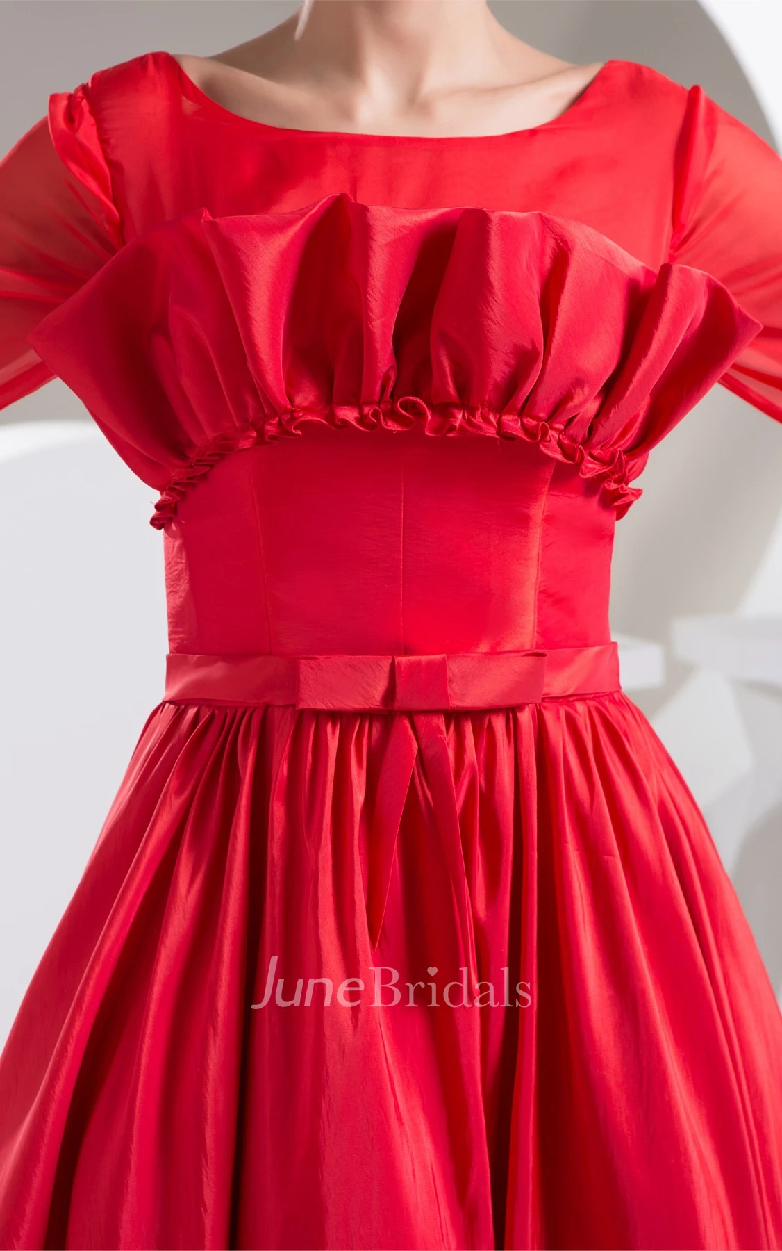 Long-Sleeve Floor-Length A-Line Gown with Bow and Pleats