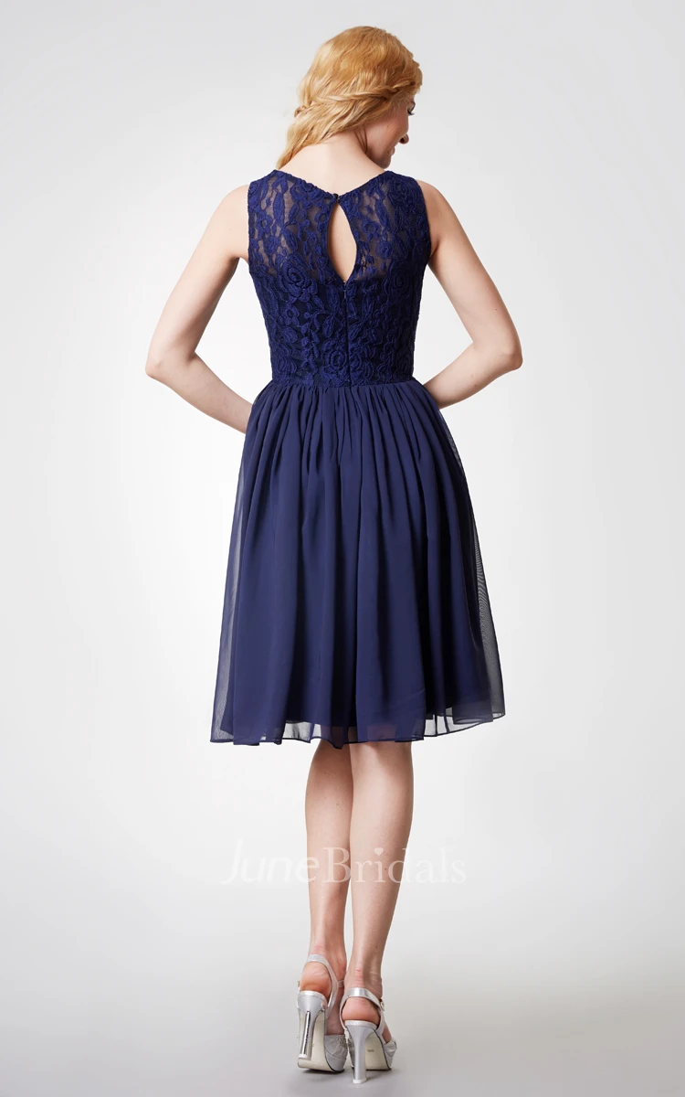 Sleeveless Floral Bodice Knee Length Chiffon Dress With Keyhole