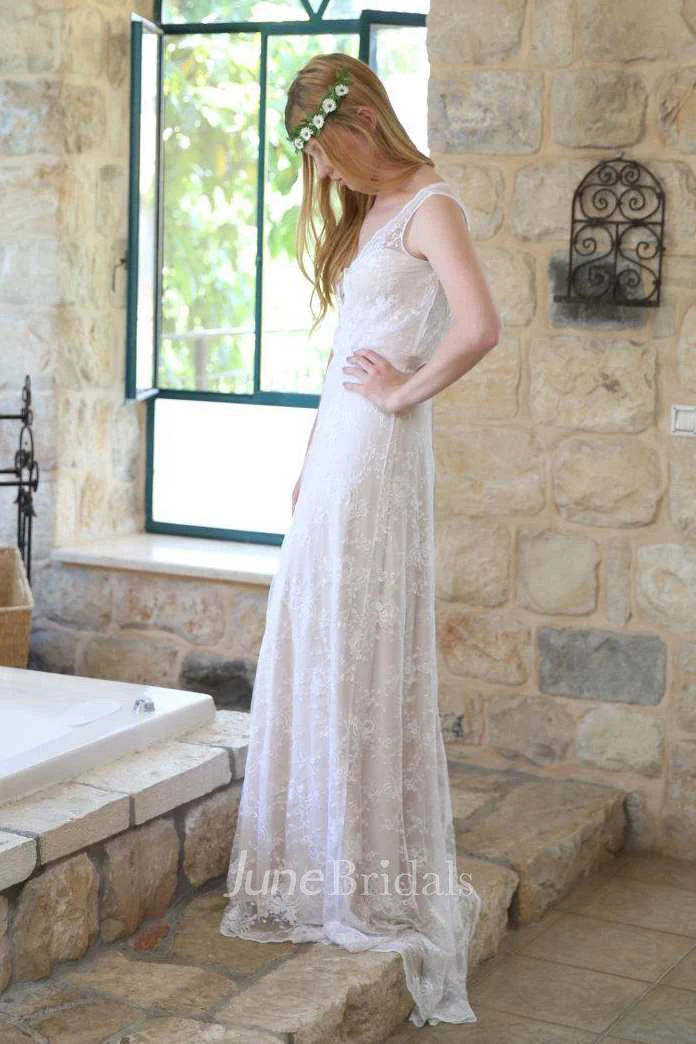 Plunged Sleeveless Lace Sheath Wedding Dress With Keyhole And Ribbon