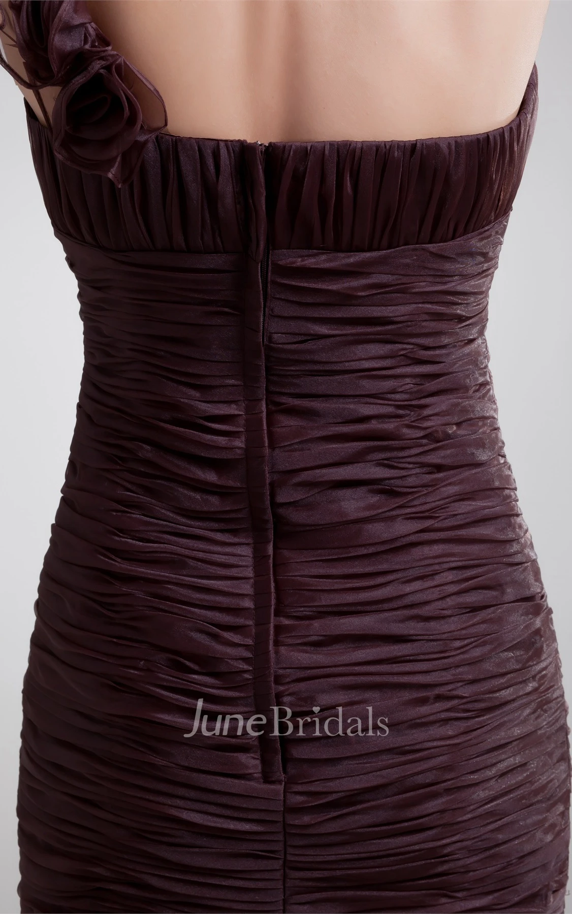 ruched floor-length column dress with brush train and floral strap