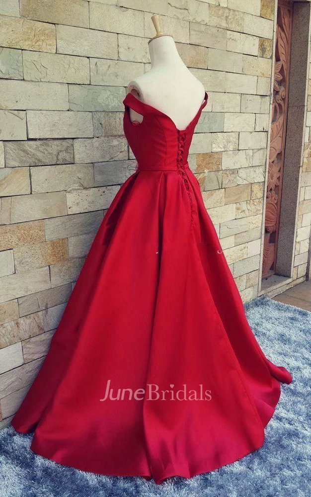 Off-shoulder Long A-line Satin Wedding Dress With Pleats And Lace-up Back