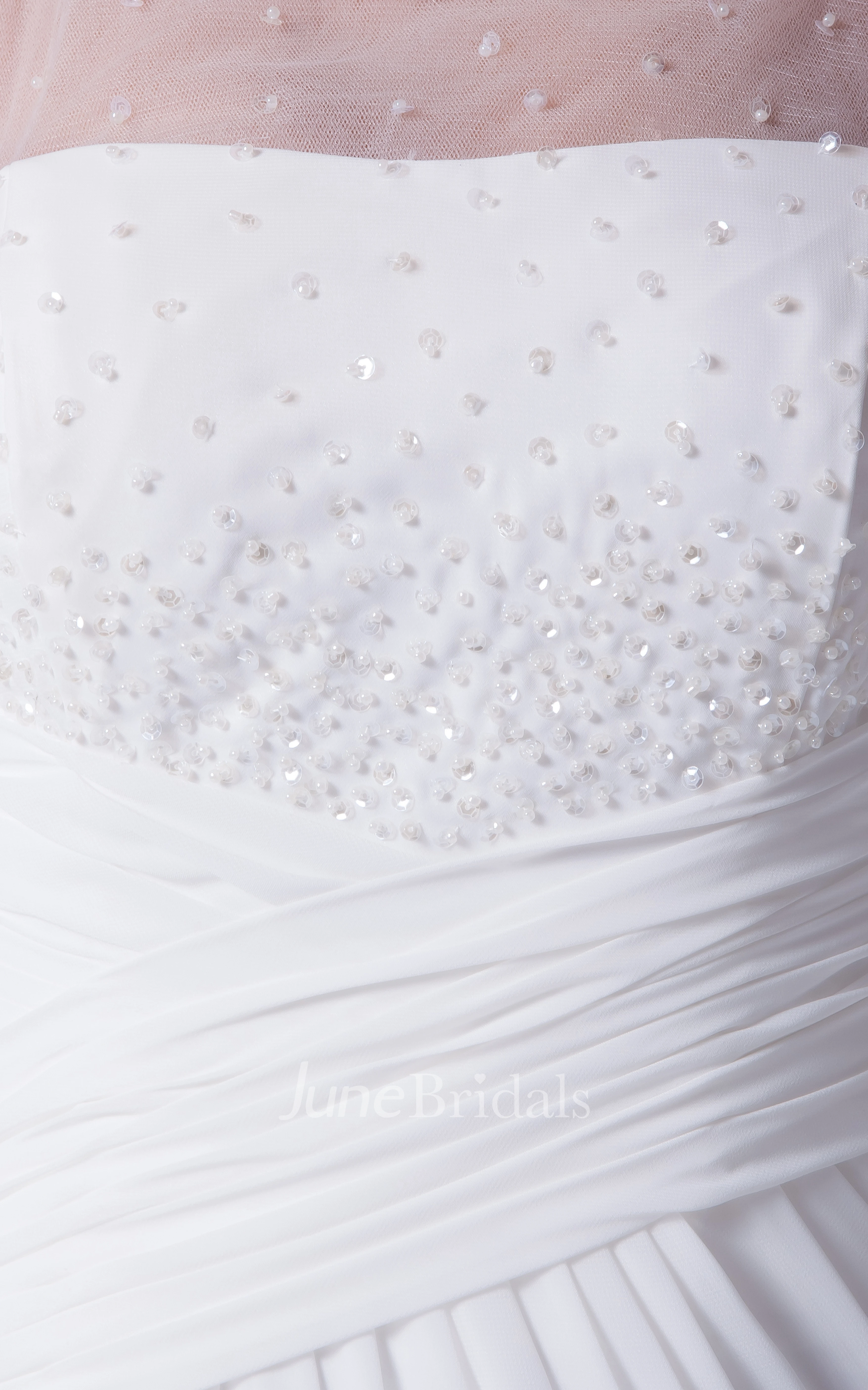 Illusion-Neck Criss-Cross Ruched Chiffon Dress With Beading