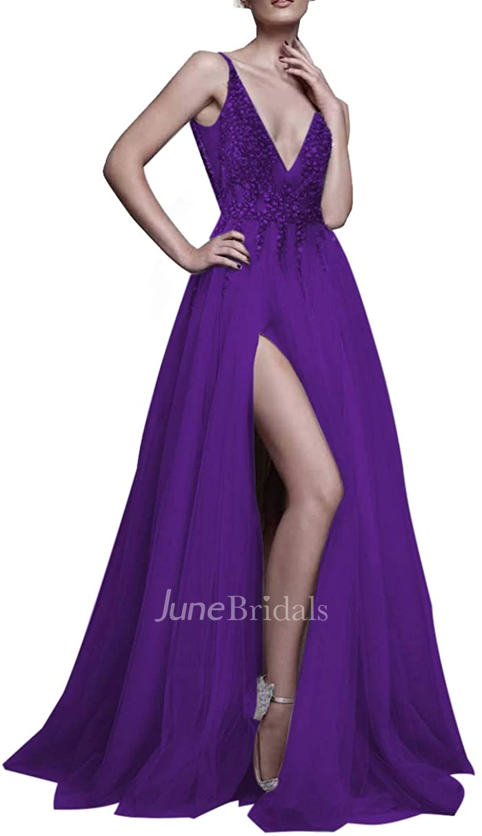 Romantic A Line V-neck Tulle Sleeveless Prom Dress