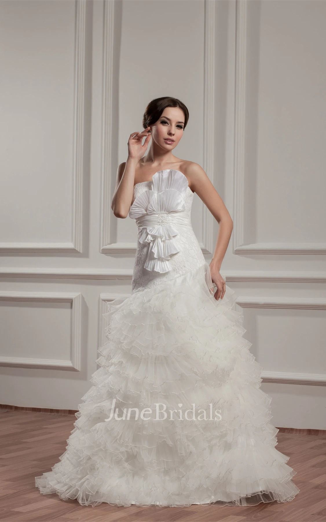 Strapless Ruffled A-Line Gown with Bow and Tiers