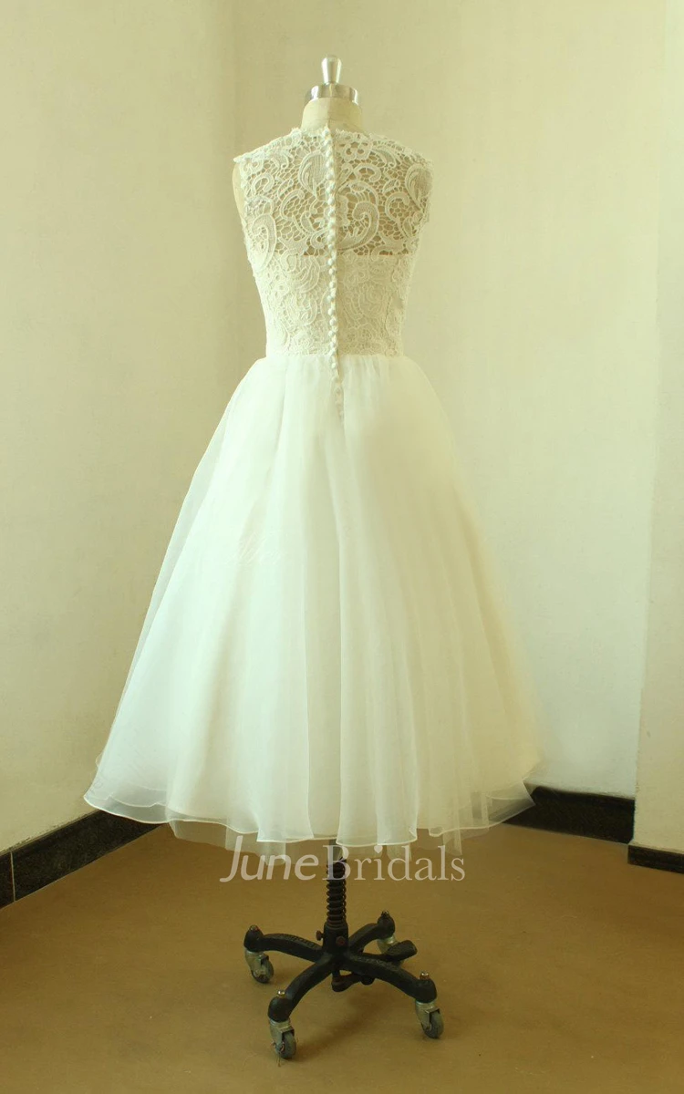 Mini Tea-Length Lace Organza Weddig Dress