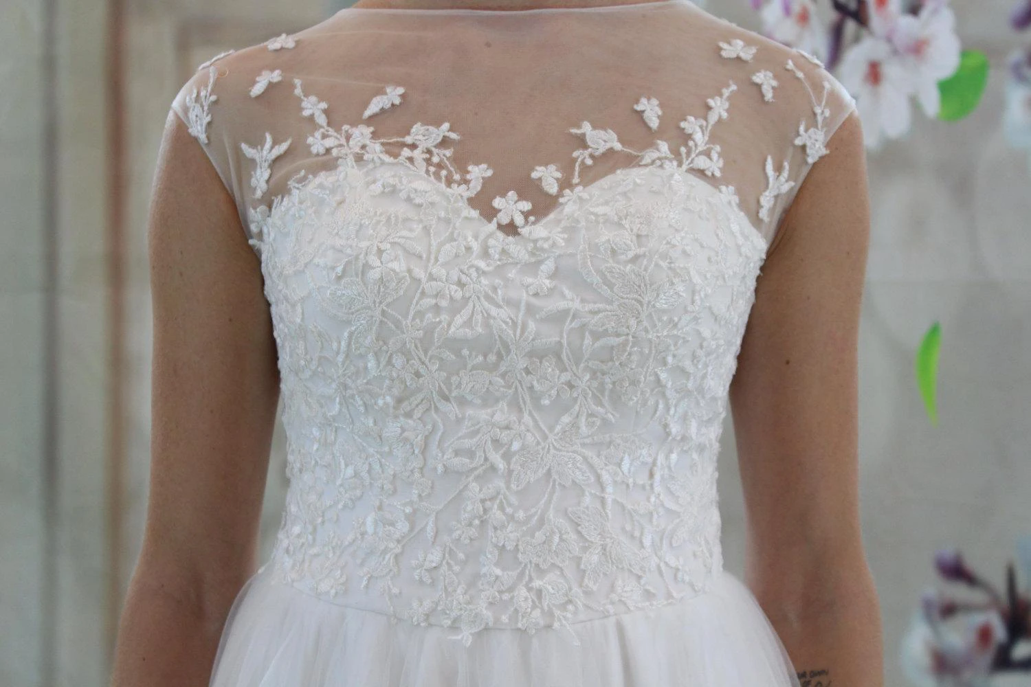 Illusion High Neck Cap Sleeve A-Line Tulle Wedding Dress With Lace Bodice