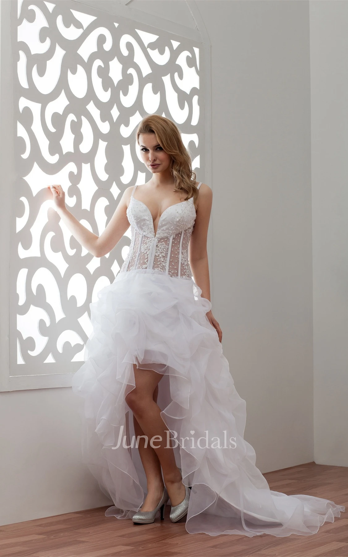 Plunged Spaghetti-Strap Front-Split Dress with Appliques and Illusion Waist