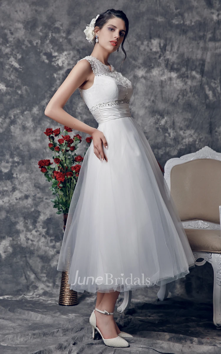 Vintage Tea-Length Wedding Dress with Illusion Back