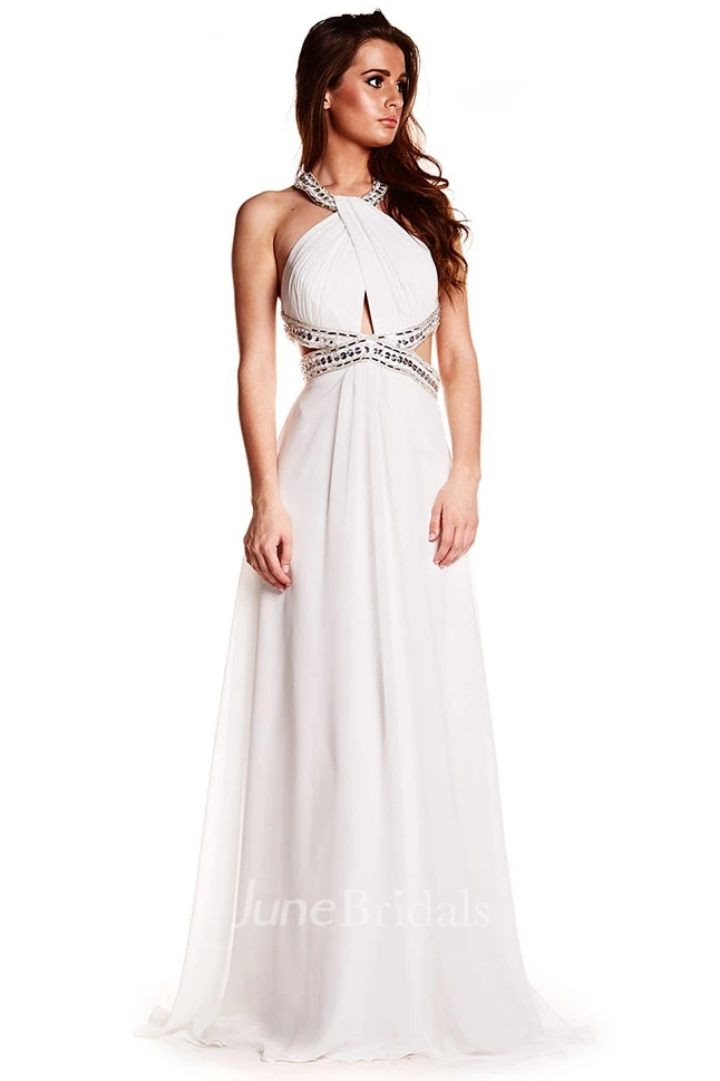 Sleeveless Beaded Halter Chiffon Prom Dress With Brush Train