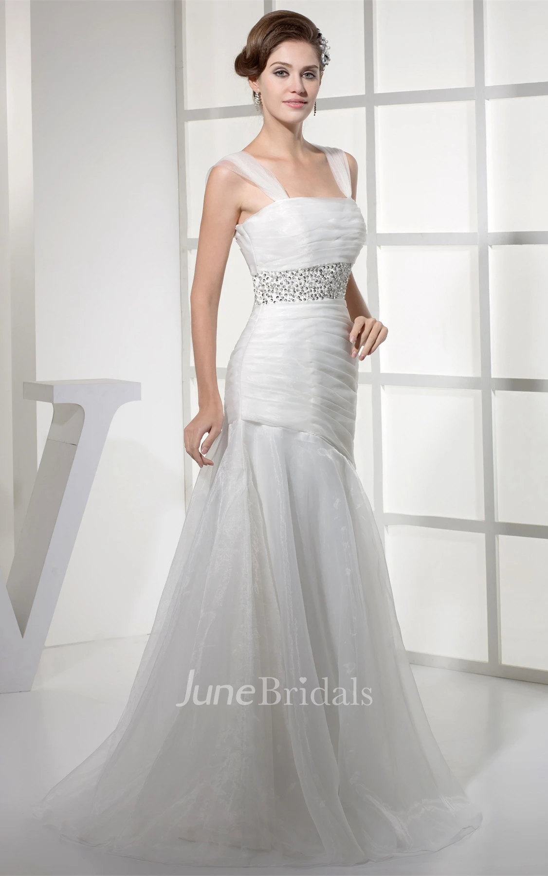 Strapped Mermaid Ruched Gown with Jeweled Waist