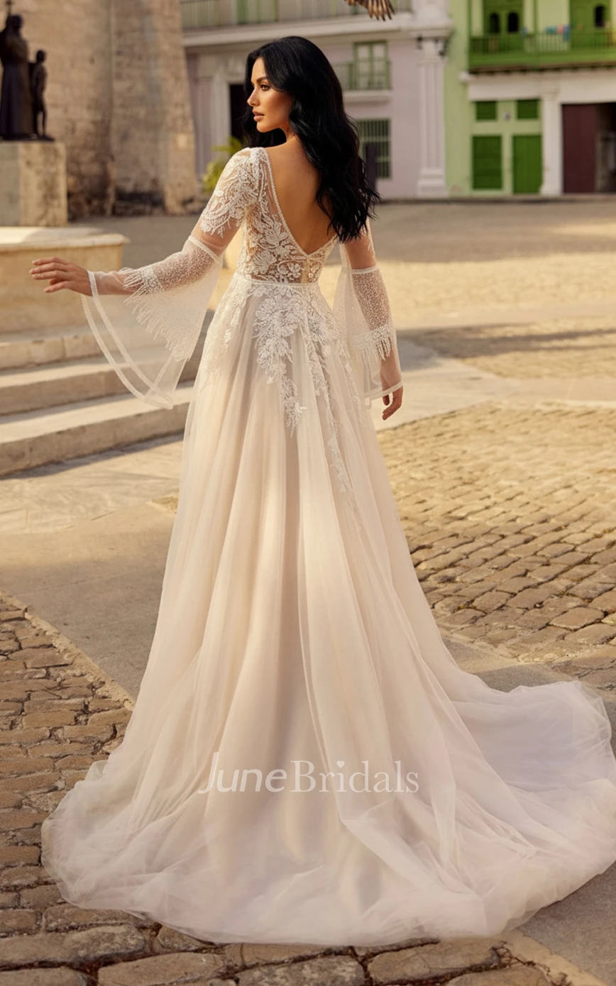 Bohemian Lace A-Line V-Neck Wedding Dress Vintage Bell Sleeves Deep V Back Tulle Bridal Gown for Garden Ceremony