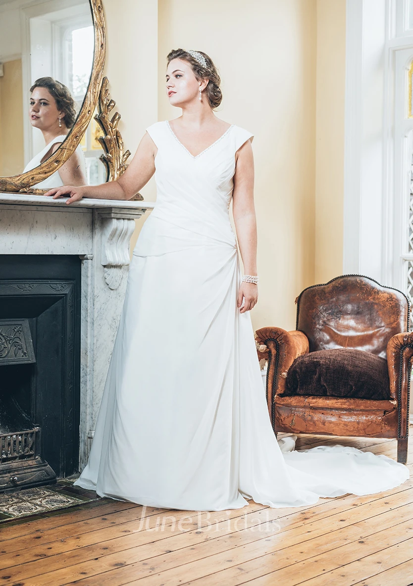 A-Line Long V-Neck Sleeveless Chiffon Court Train Low-V Back Beading Dress