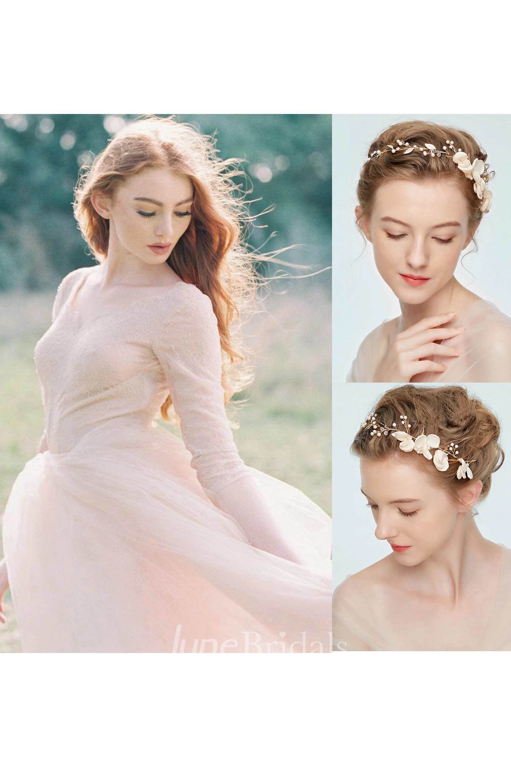 Nude Tulle Wedding Skirt Peony Weddig Dress and Vintage Gold Leafy Blonde Hair Holiday Hair Accessories