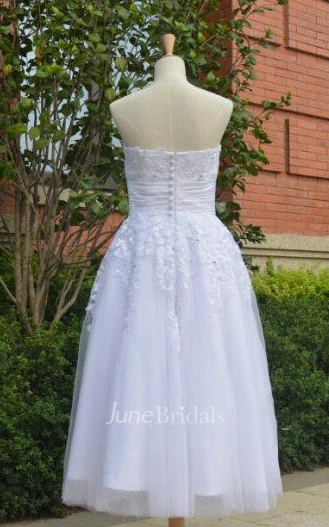 Strapless Button Back Tea-Length Satin Wedding Dress With Appliques And Ruching