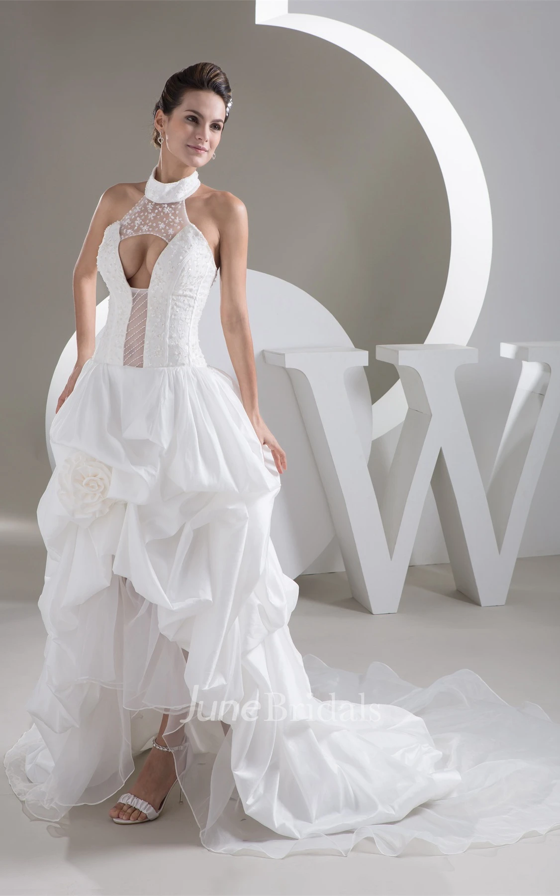 High-Neck Sleeveless Pick-Up High-Low Dress with Keyhole and Flower