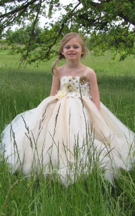 Vintage Pearl Emblished Girls Tulle Shabby Flower Tulle Flower Girl Dress
