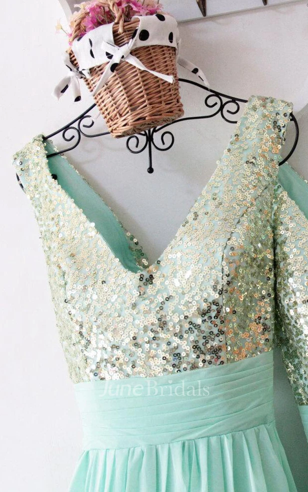 Sparkly Sleeveless V-neck Chiffon Dress With Sequined Bodice