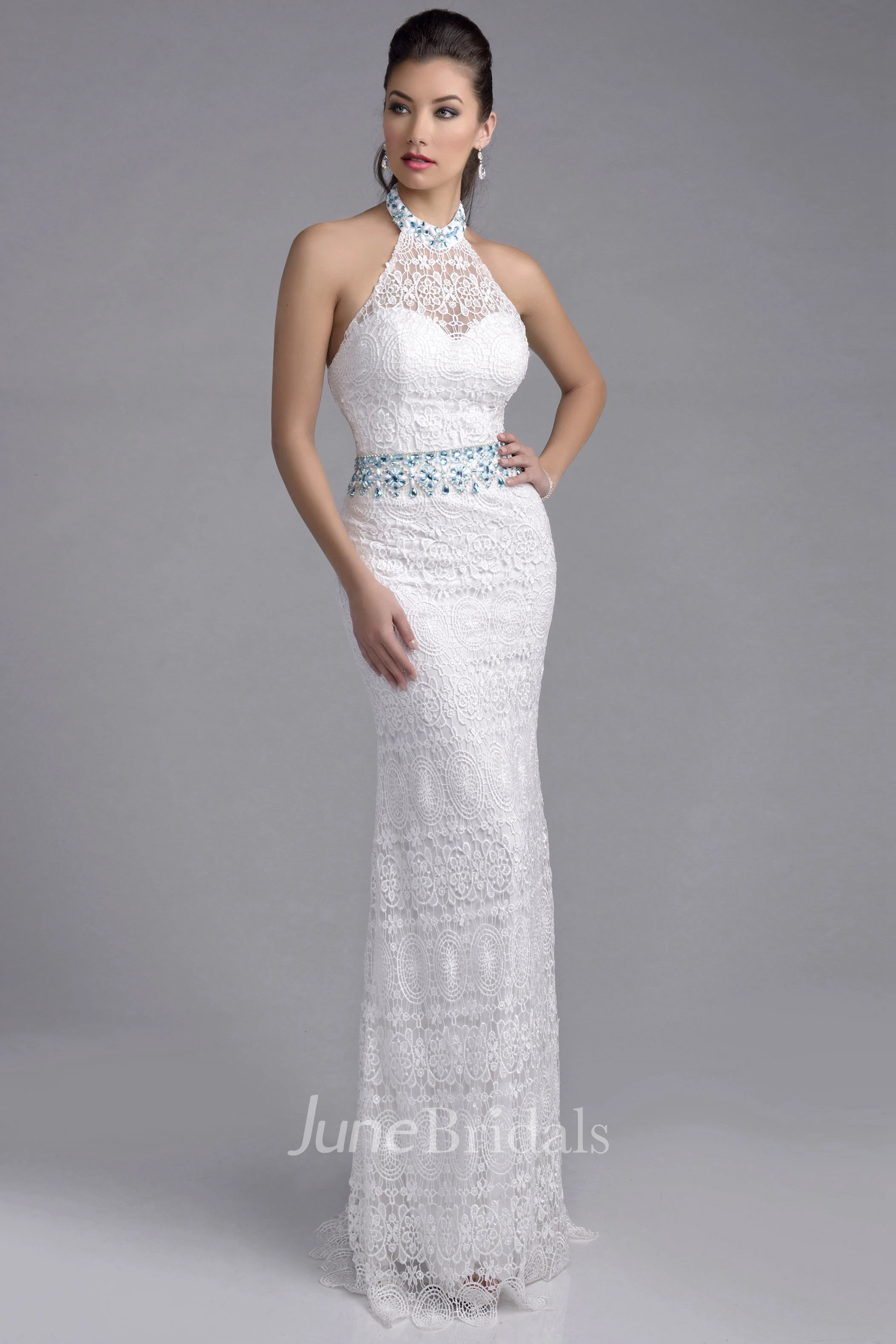 Halter Sheath Lace Prom Dress With Rhinestones On Waist And Neck
