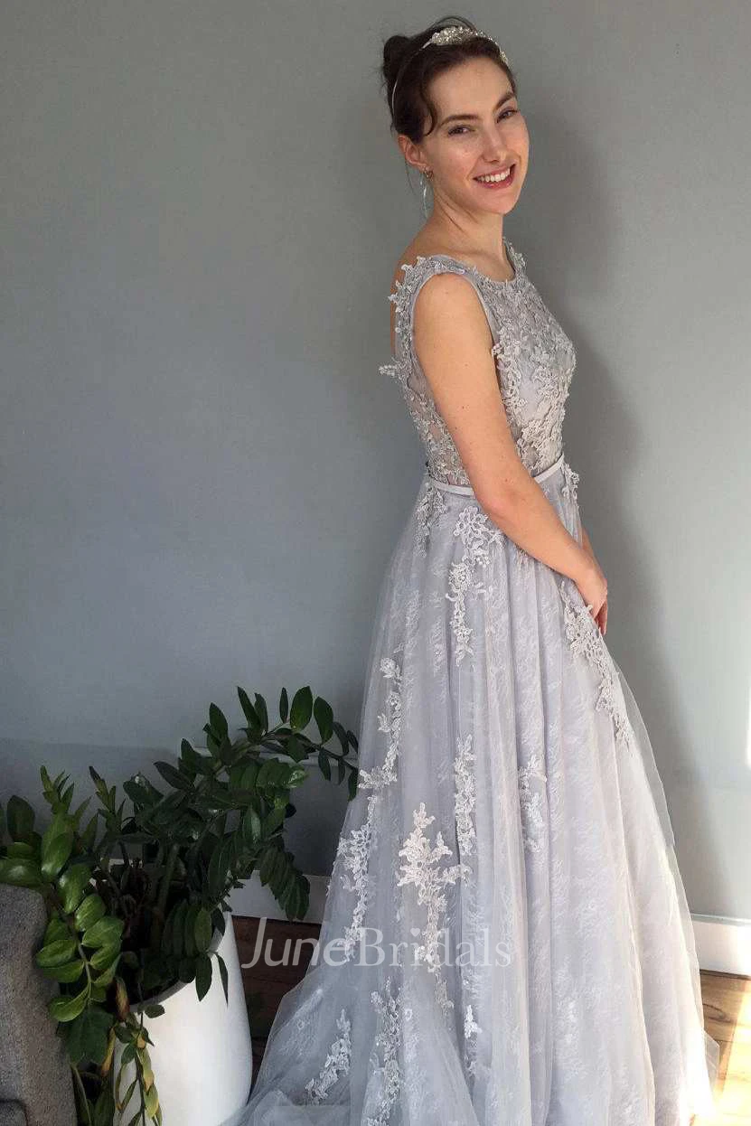 Scoop-Neck Sleeveless Pleated A-Line Lace Appliques Dress With Deep-V Back