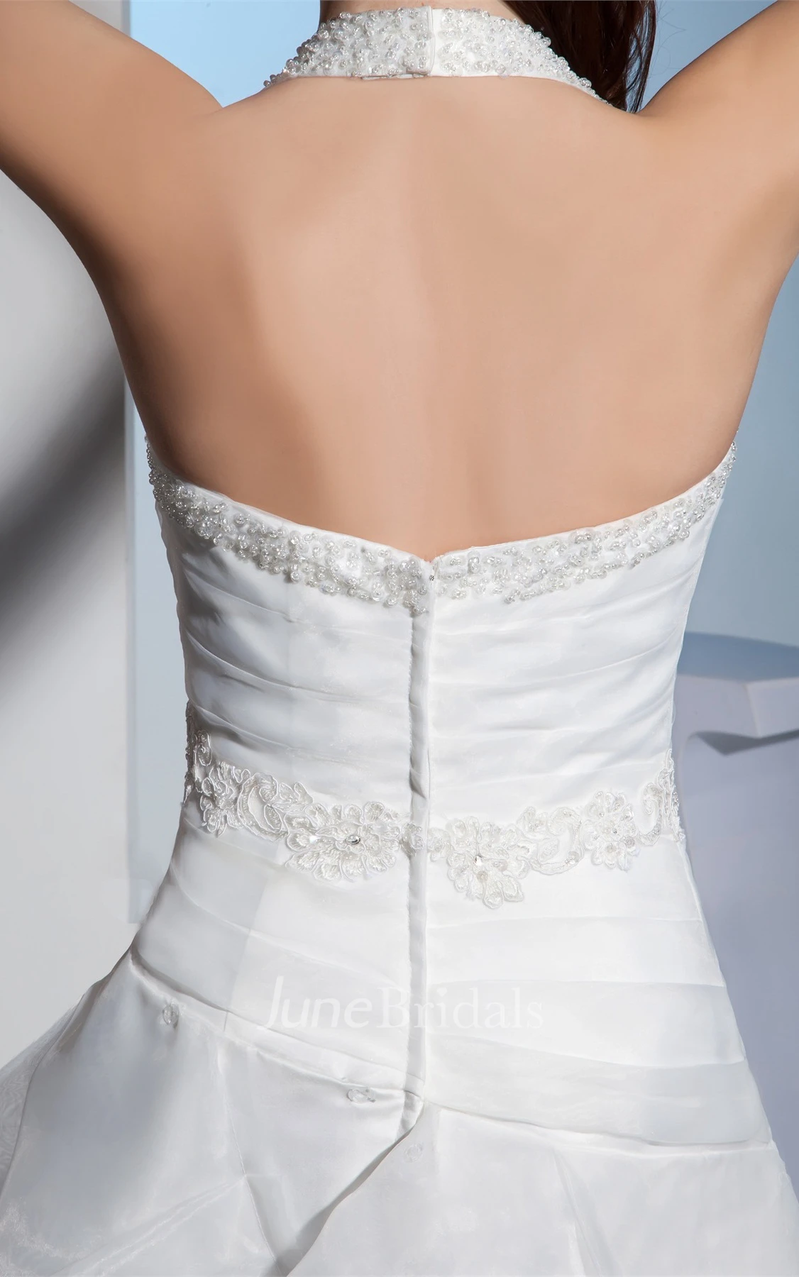 Ruched Sweetheart Tiered Ball Gown with Appliques and Beaded Halter