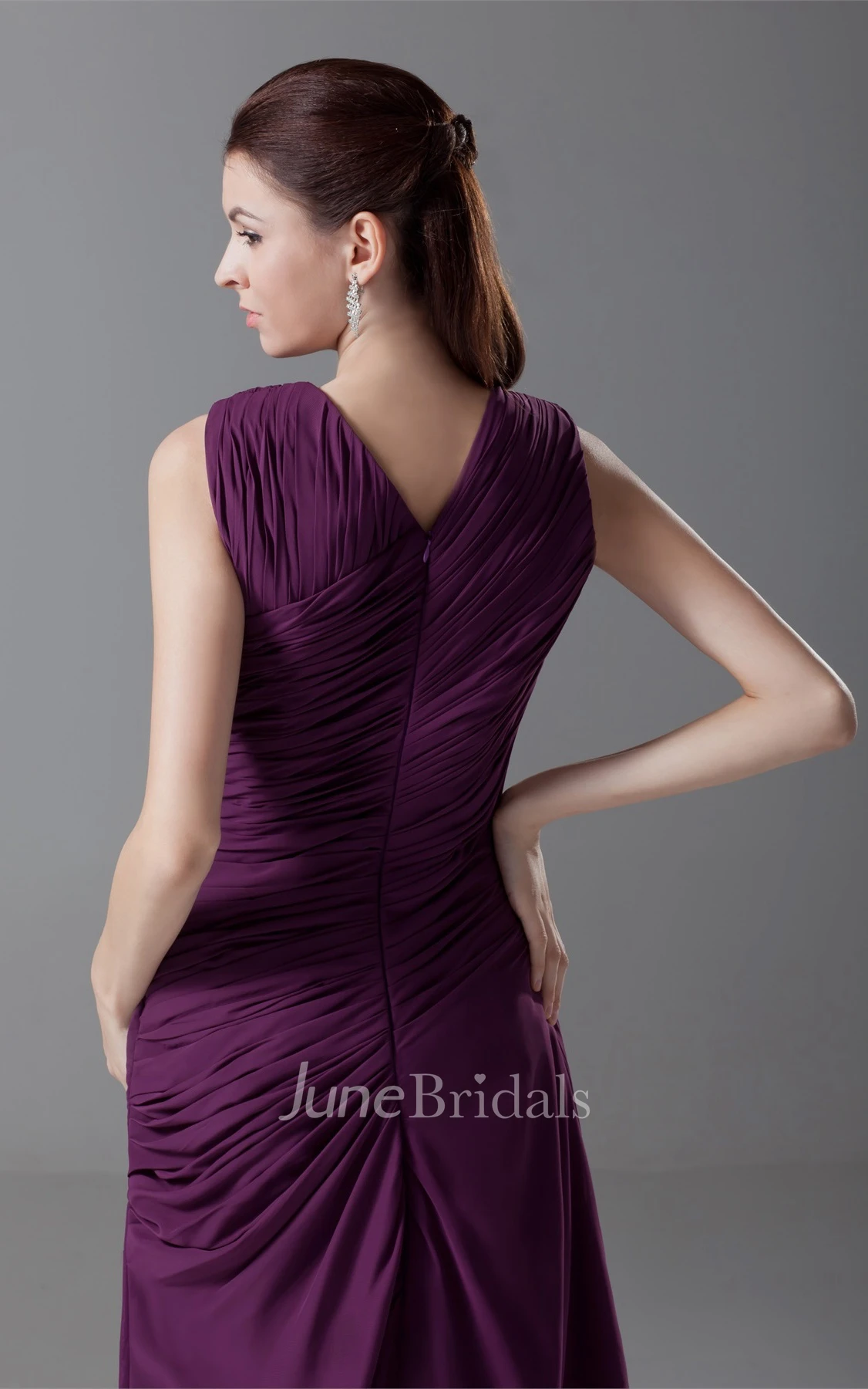 Sleeveless Chiffon Front-Split Dress with Ruching and Beading