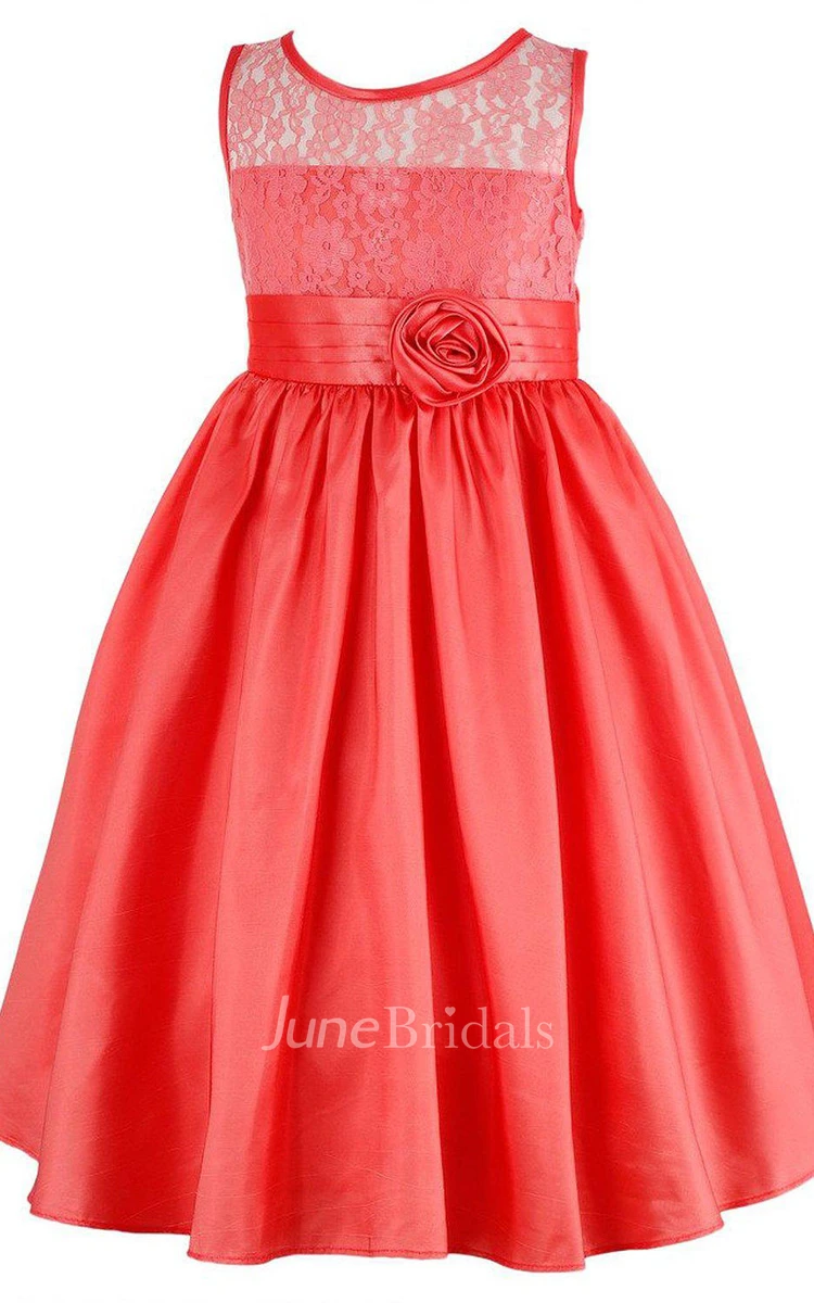 Sleeveless A-line Pleated Dress With Lace Bodice