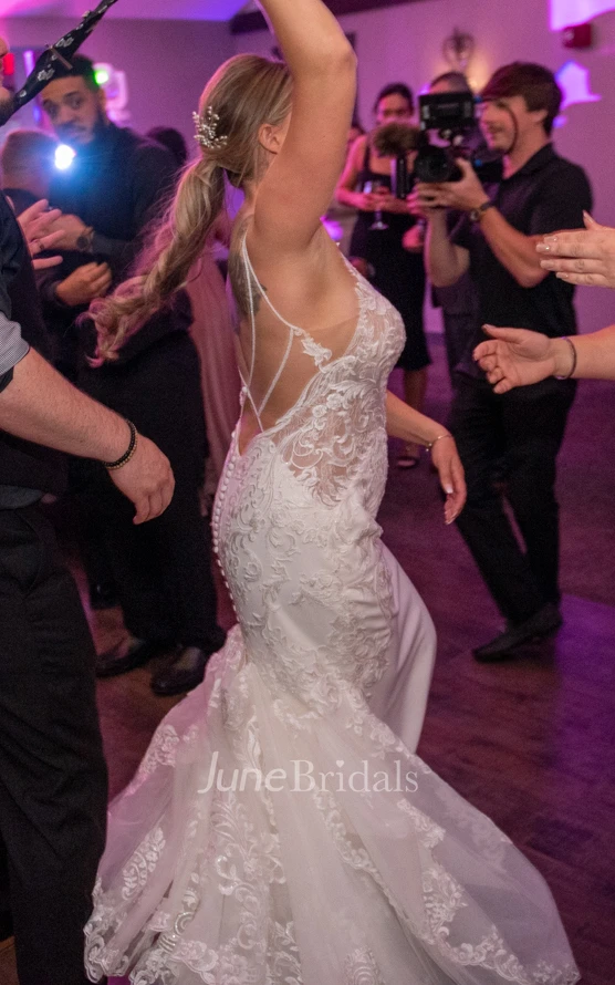 Plus Size Mermaid Sexy Beach Plunging Neckline Court Train Lace Appliques Spring Wedding Dress