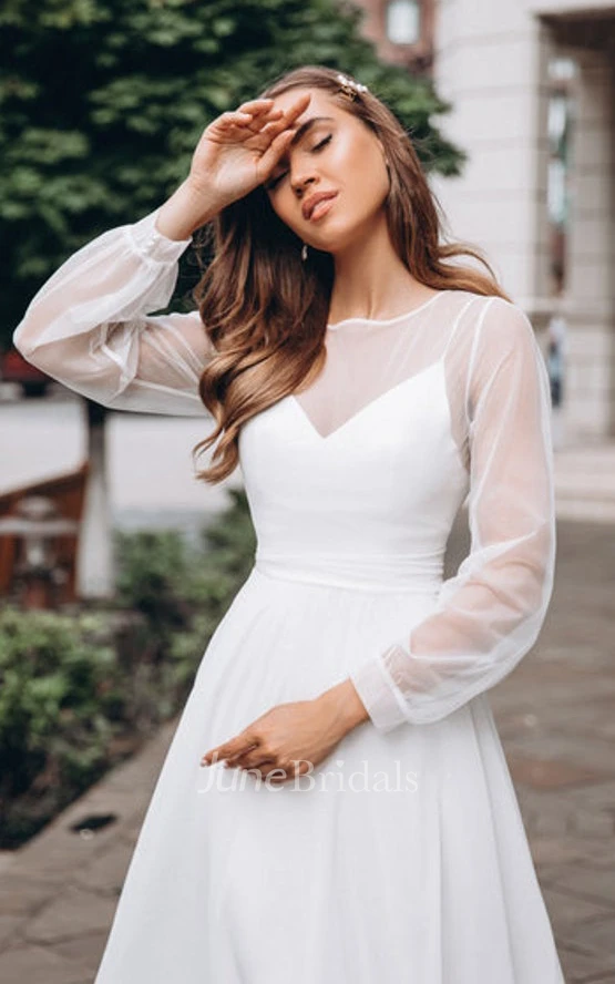 Modest A Line Floor-length Chiffon Bateau Long Sleeve Wedding Dress