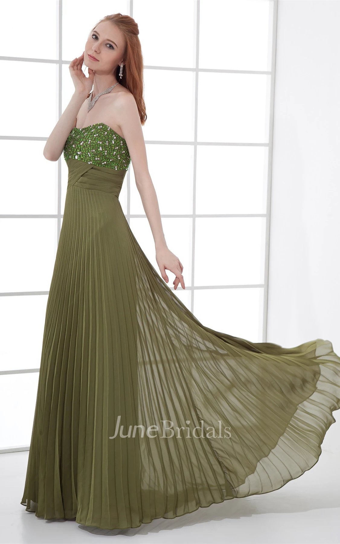 Sweetheart Pleated Maxi Dress with Gemmed Top