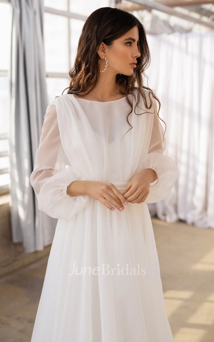 Casual A Line Floor-length Sweep Train Chiffon Bateau Long Sleeve Wedding Dress