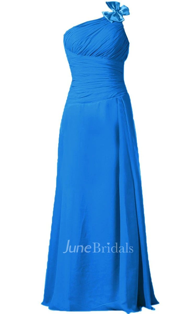 One-shoulder Ruched Chiffon A-line Gown With Bow