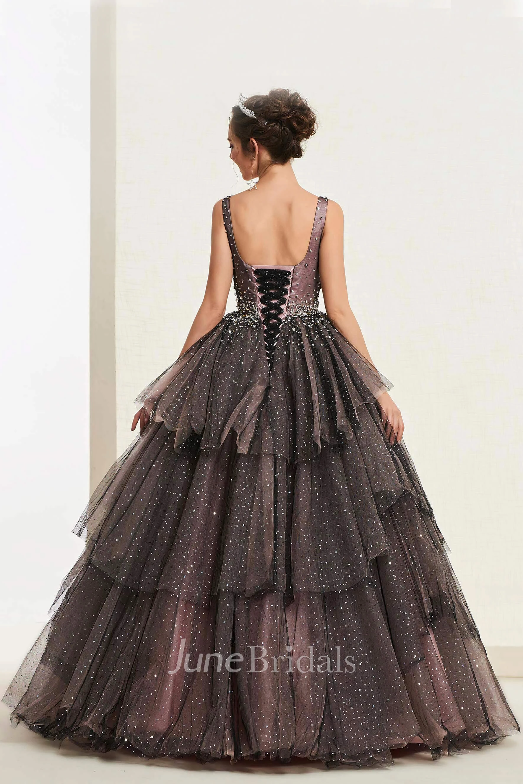 Luxury Vintage Beaded Sleeveless Square Neckline Ballgown With Lace-up And Ruffled Tiers